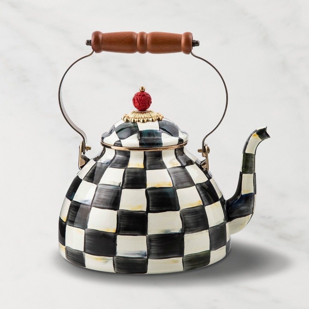 MacKenzie-Childs Black & White Checkered Teapot with Red Finial and Wood Handle